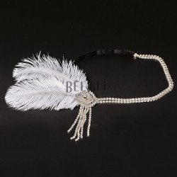 Coronita Elastic Bijuterie Pene Si Cristale Alb