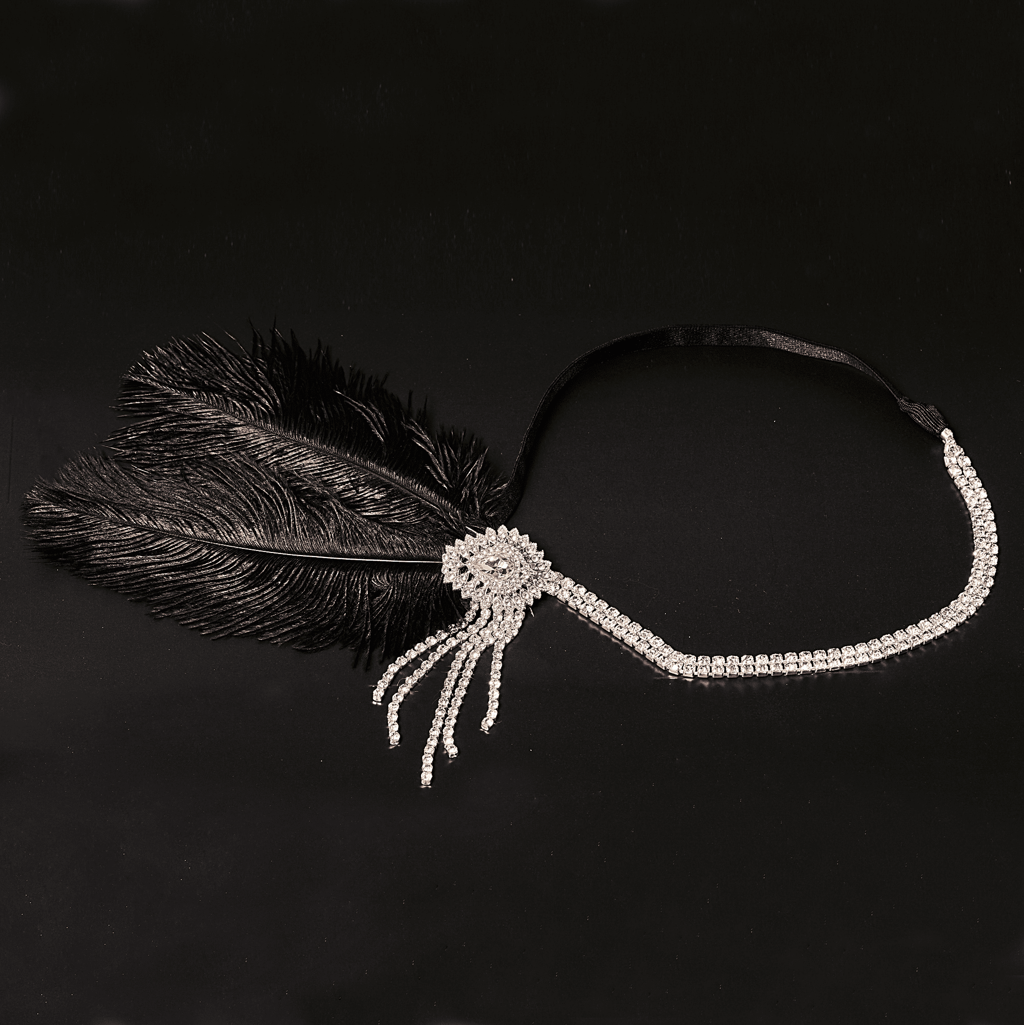 Coronita elastic bijuterie pene si cristale negru