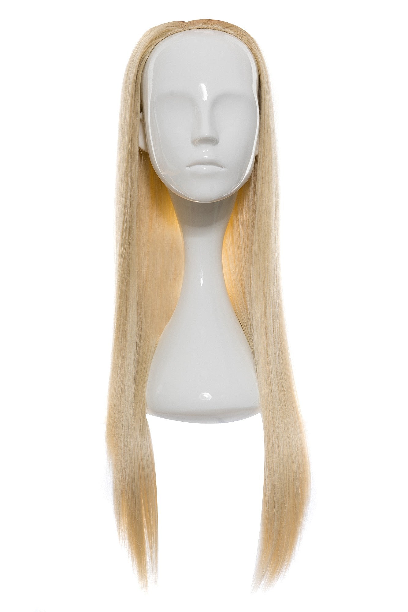 Perucă parțială 3/4 blond deschis, păr lung drept, plasă vizibilă pe căpșor