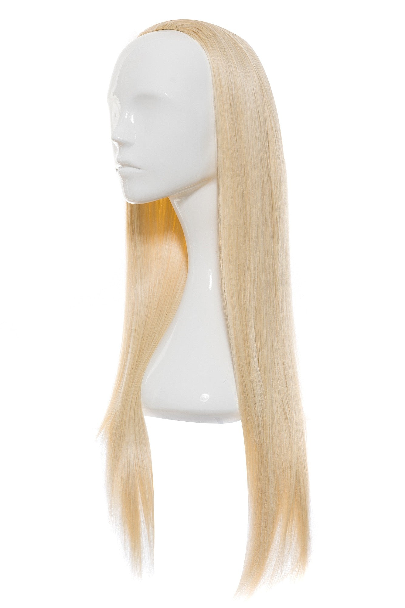Perucă parțială 3/4 blond deschis, păr lung drept, vedere laterală pe manechin