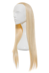 Perucă parțială 3/4 blond deschis, păr lung drept, vedere laterală pe manechin