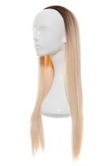 Perucă parțială 3/4 cu păr lung ombre bej-blond, vedere laterală pe manechin