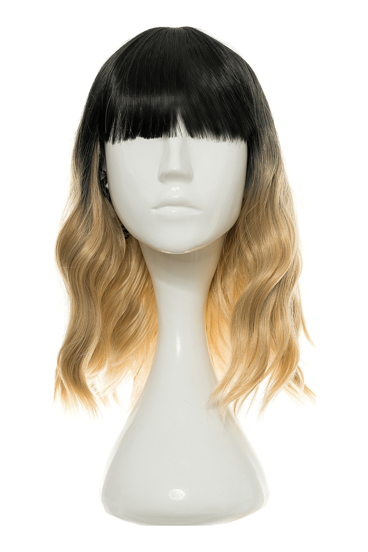 Perucă ombre blondă cu breton drept, căciulă neagră și păr ondulat