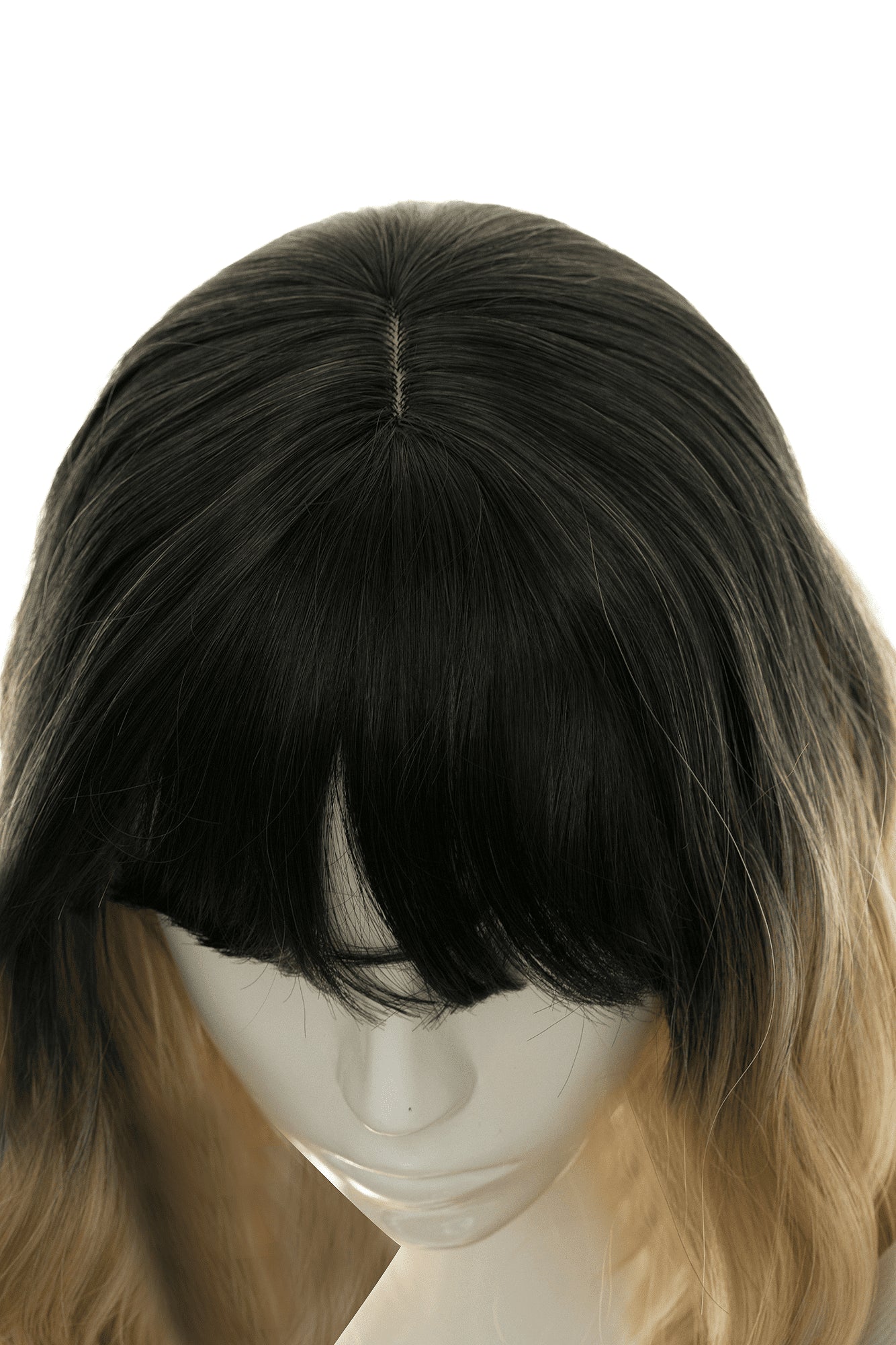 Perucă ombre blondă cu breton negru și păr blond la ceafă, vedere de sus