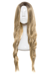 Perucă NELY fibră sintetică blond deschis, păr lung ondulat, cărare pe mijloc