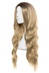 Perucă NELY fibră sintetică blond deschis, păr lung ondulat, vedere laterală