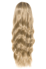 Perucă NELY fibră sintetică blond deschis, păr lung ondulat, vedere din spate