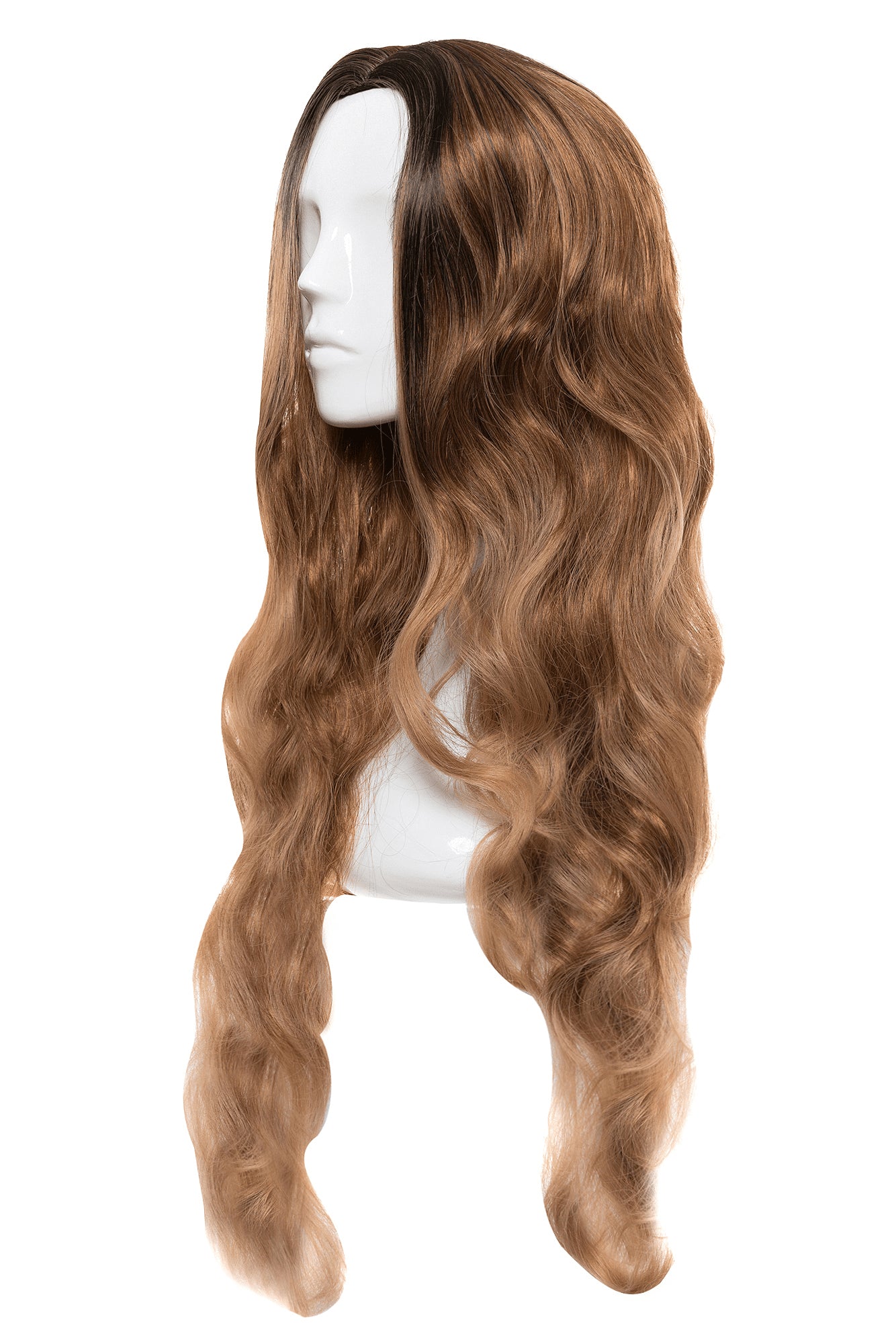 Perucă NELY Balayage, păr lung ondulat, vedere laterală, brun cu accente caramel.