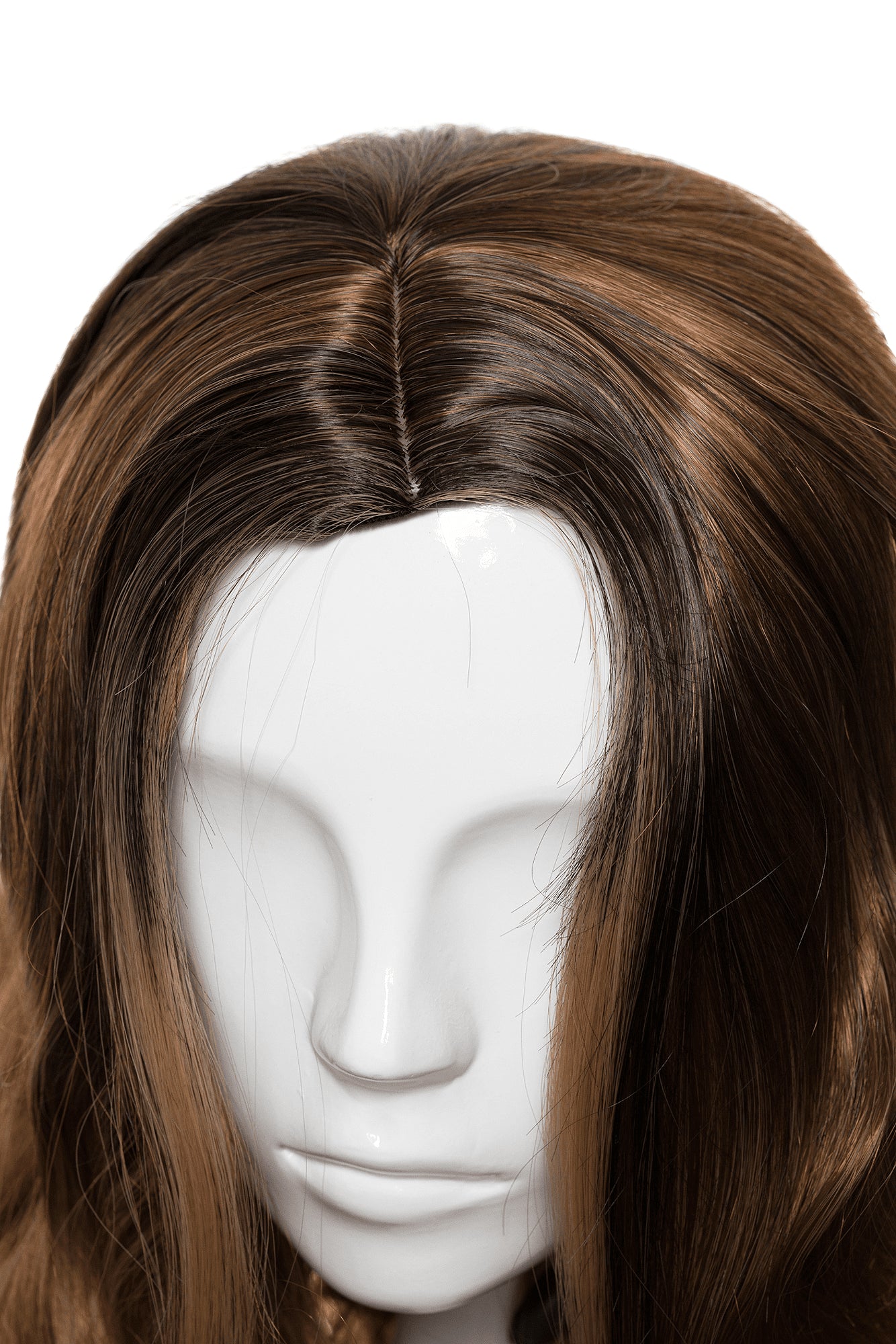 Perucă NELY Balayage cu cărare pe mijloc, păr brun cu reflexe caramel.