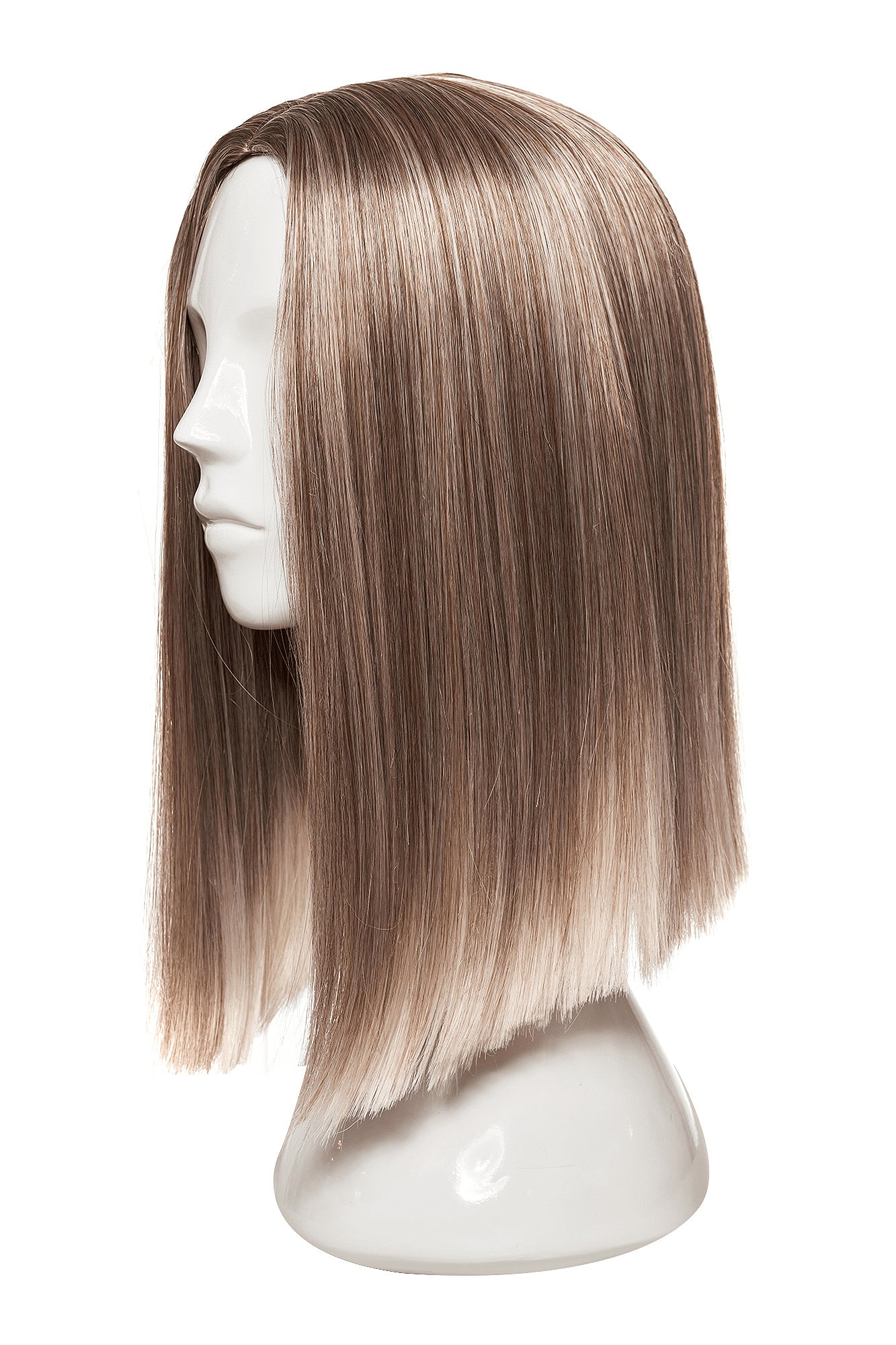 Perucă blond cenușiu mixt, păr drept, vedere laterală pe manechin.
