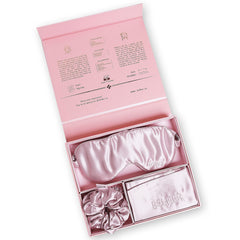 Set Matase Mulberry, Fata de Perna, Masca Somn, 3 Elastice Par, Pink, Cutie Cadou