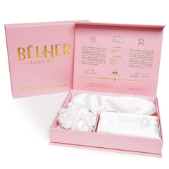 Set Matase Mulberry, Fata de Perna, Masca Somn, 3 Elastice Par, Ivory, Cutie Cadou