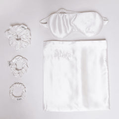 Set Matase Mulberry, Fata de Perna, Masca Somn, 3 Elastice Par, Ivory, Cutie Cadou