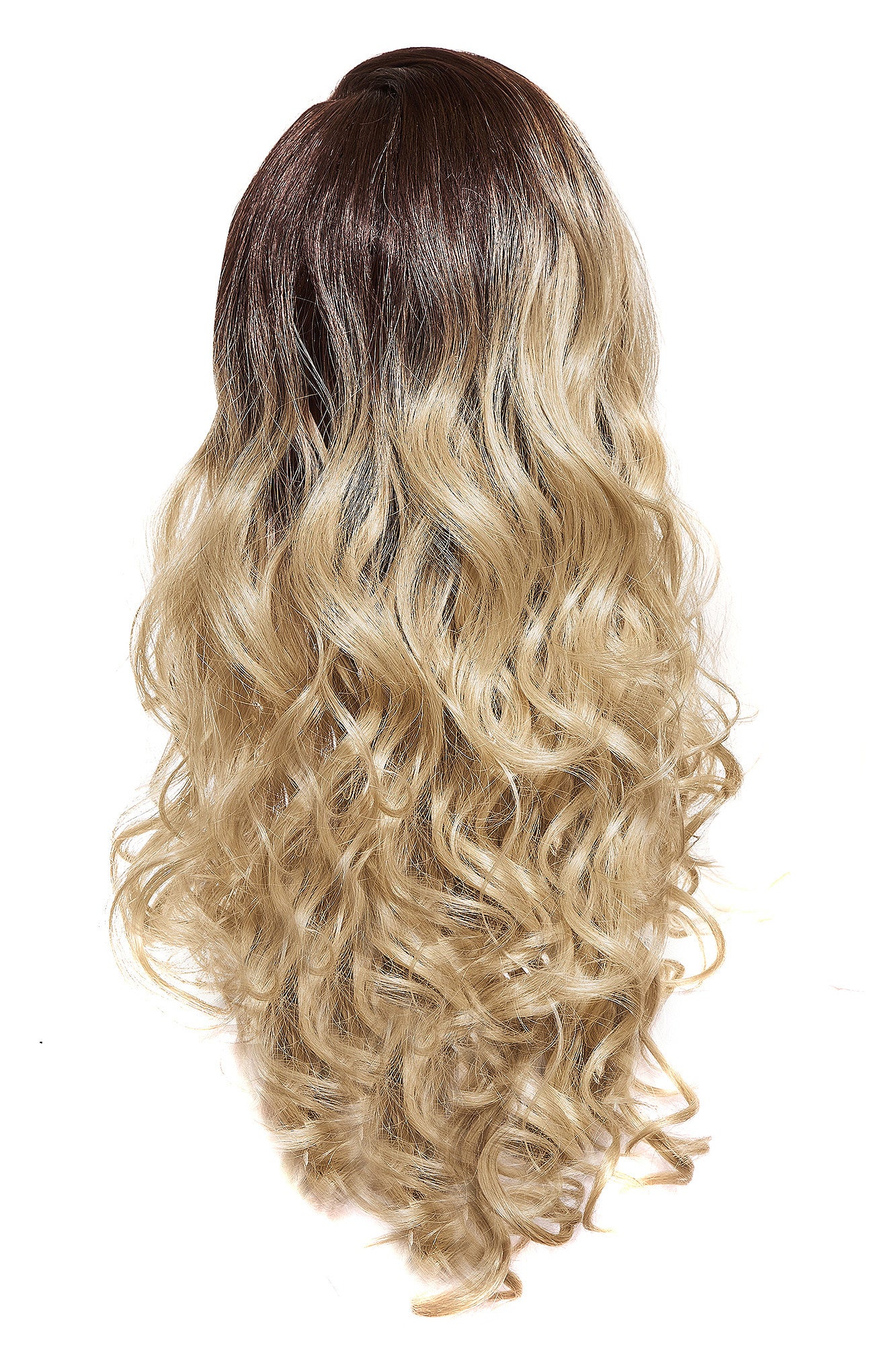Perucă ombre din păr ondulat lung, brun închis sus și blond deschis jos