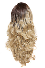 Perucă ombre din păr ondulat lung, brun închis sus și blond deschis jos