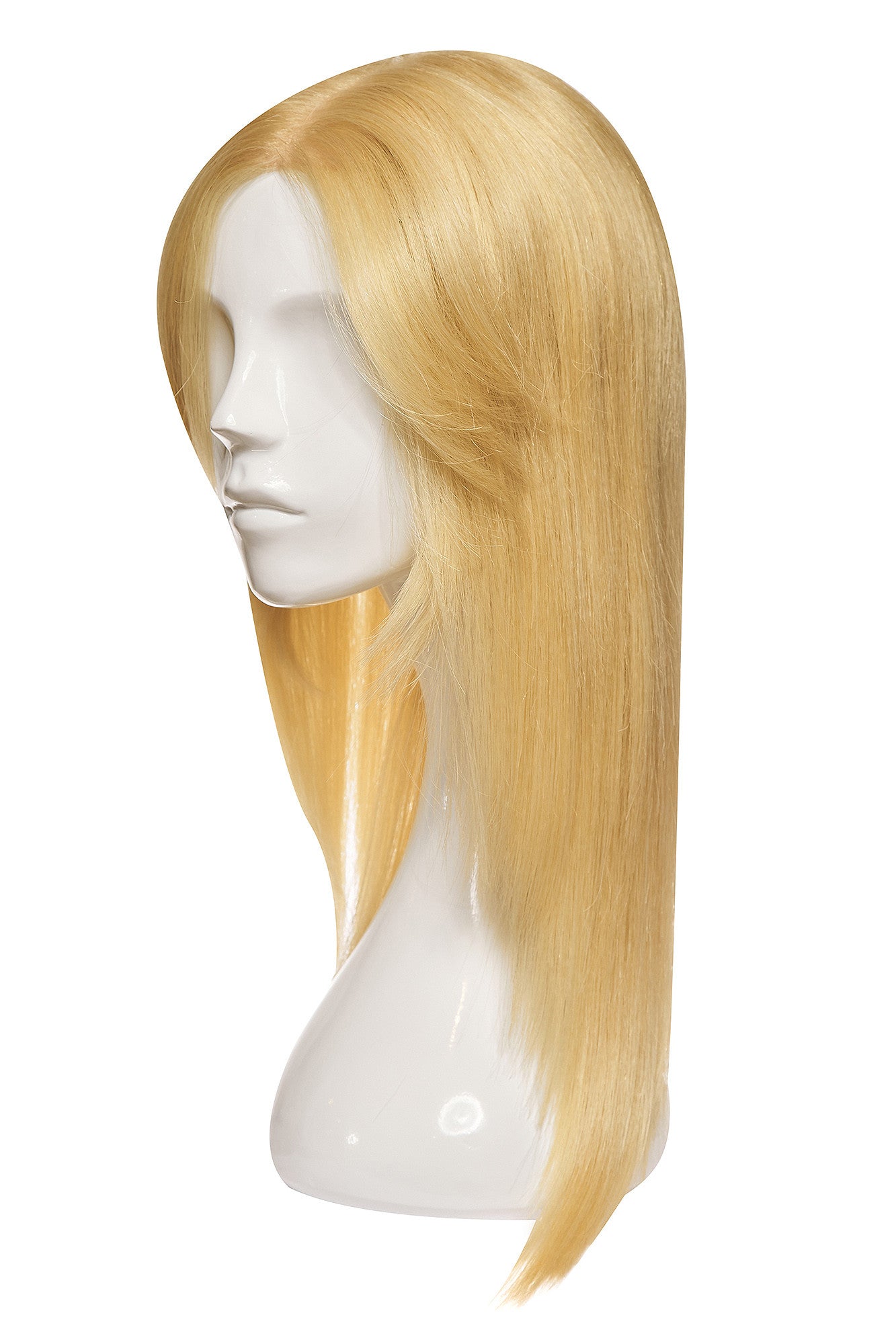 Perucă naturală blond deschis, păr lung drept, tunsă neted, profil lateral