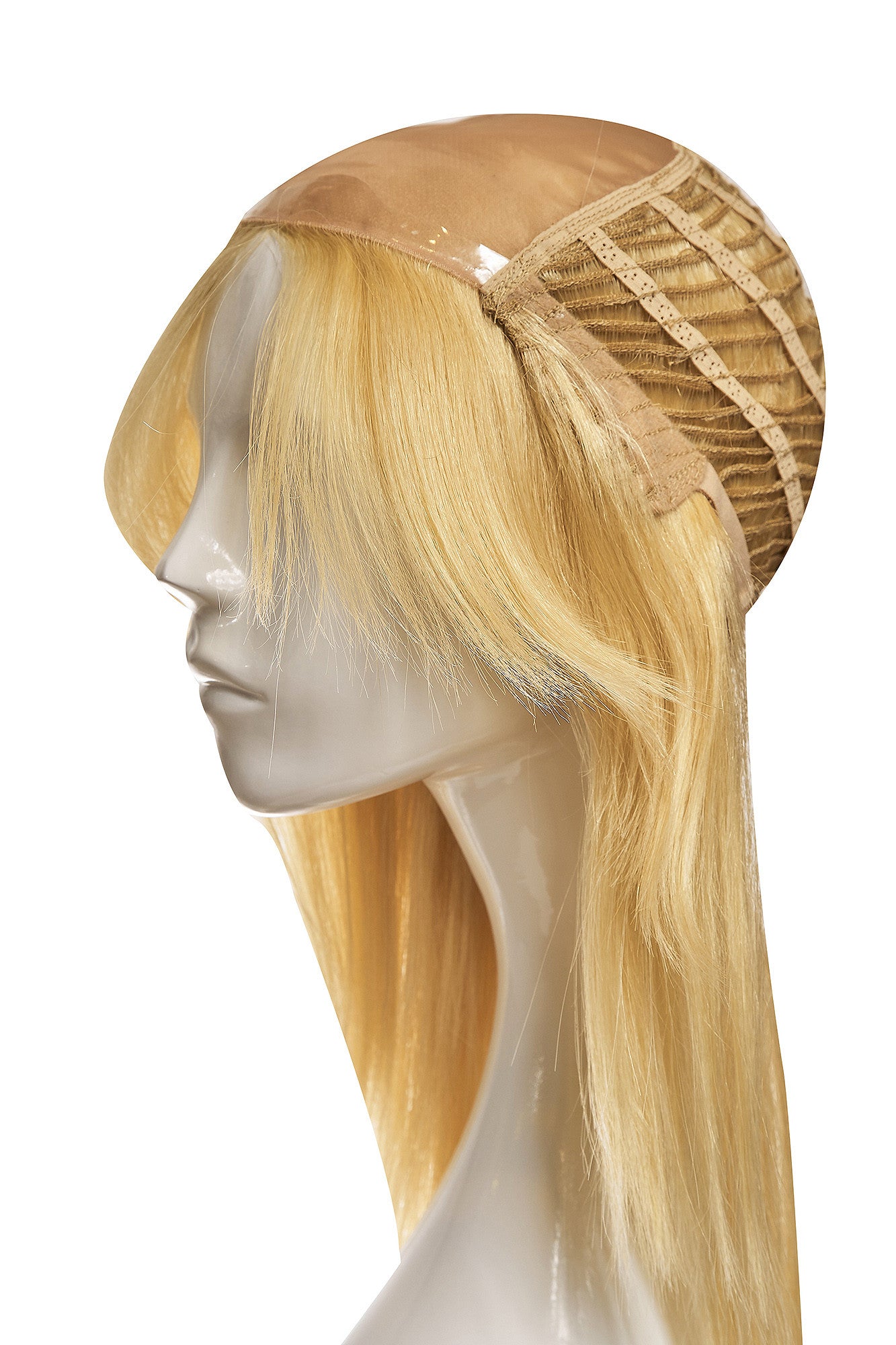 Perucă naturală blond deschis, bază cu plasă, linia șuvițelor vizibilă