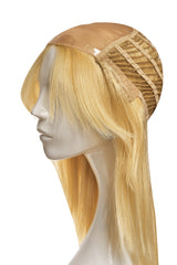 Perucă naturală blond deschis, bază cu plasă, linia șuvițelor vizibilă