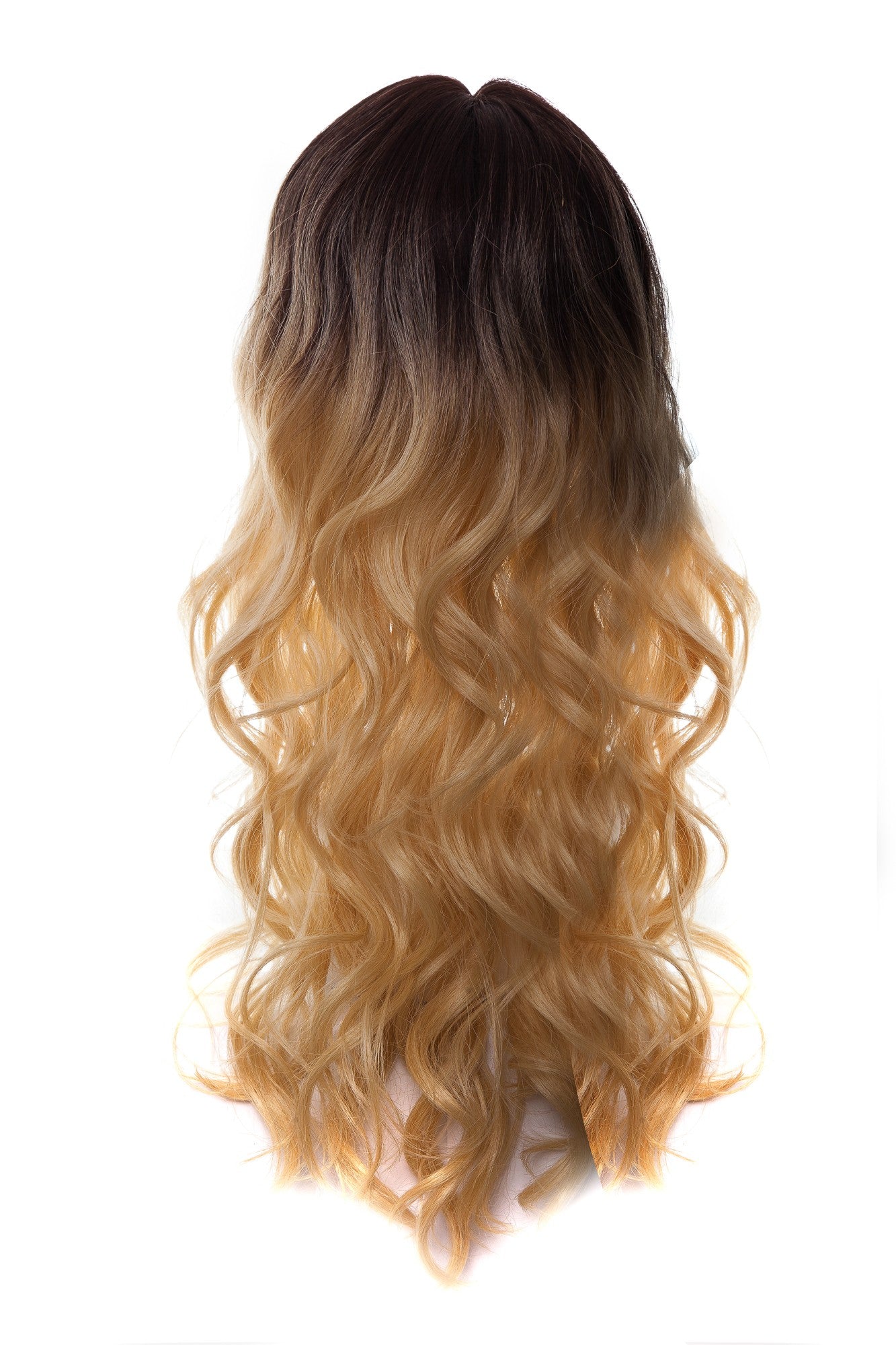 Perucă ADORA ombre blond deschis, coafură ondulată lungă, vedere din spate