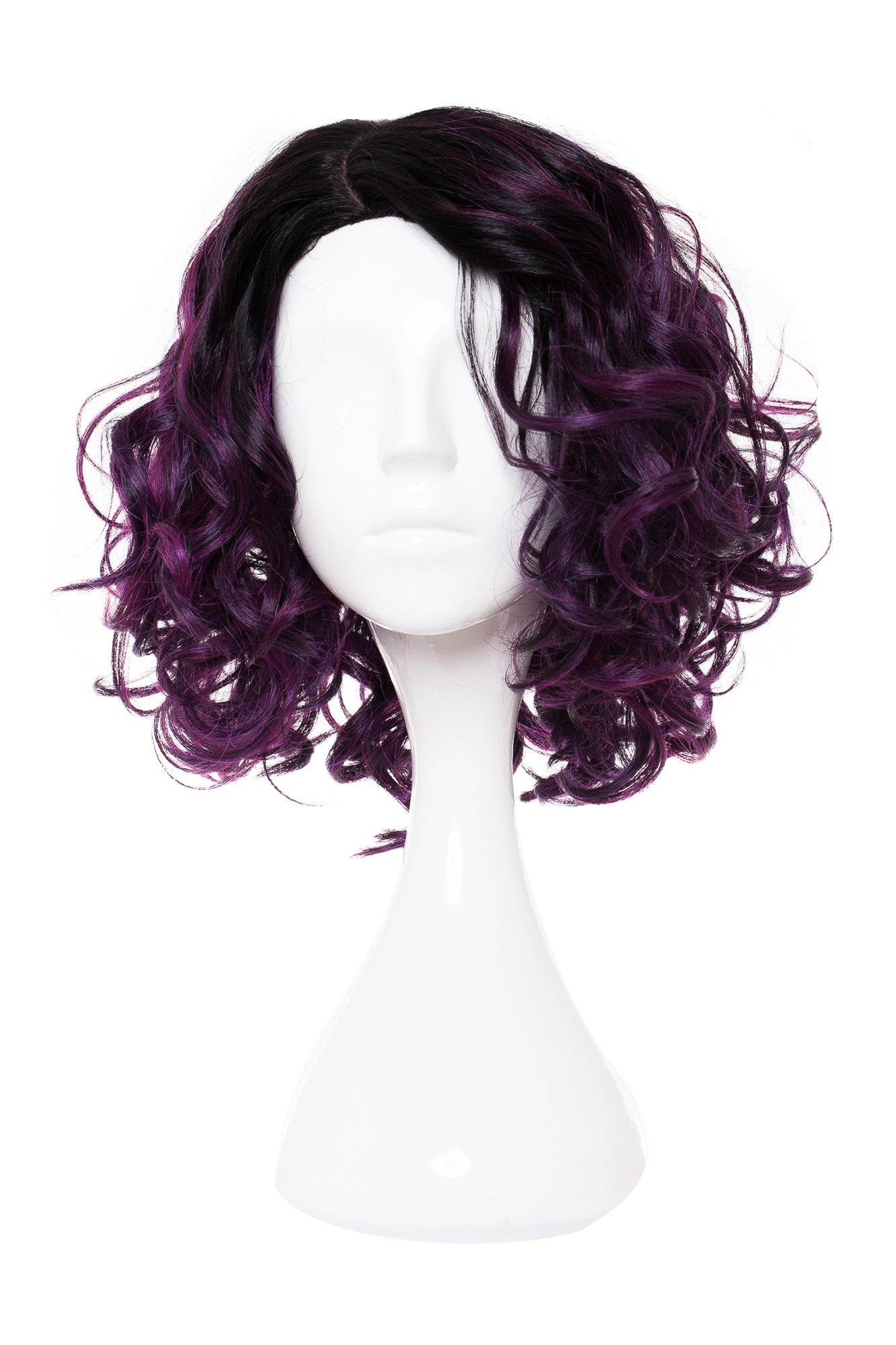 Perucă ondulată cu breton, bază neagră și balayage violet, păr buclat pe manechin