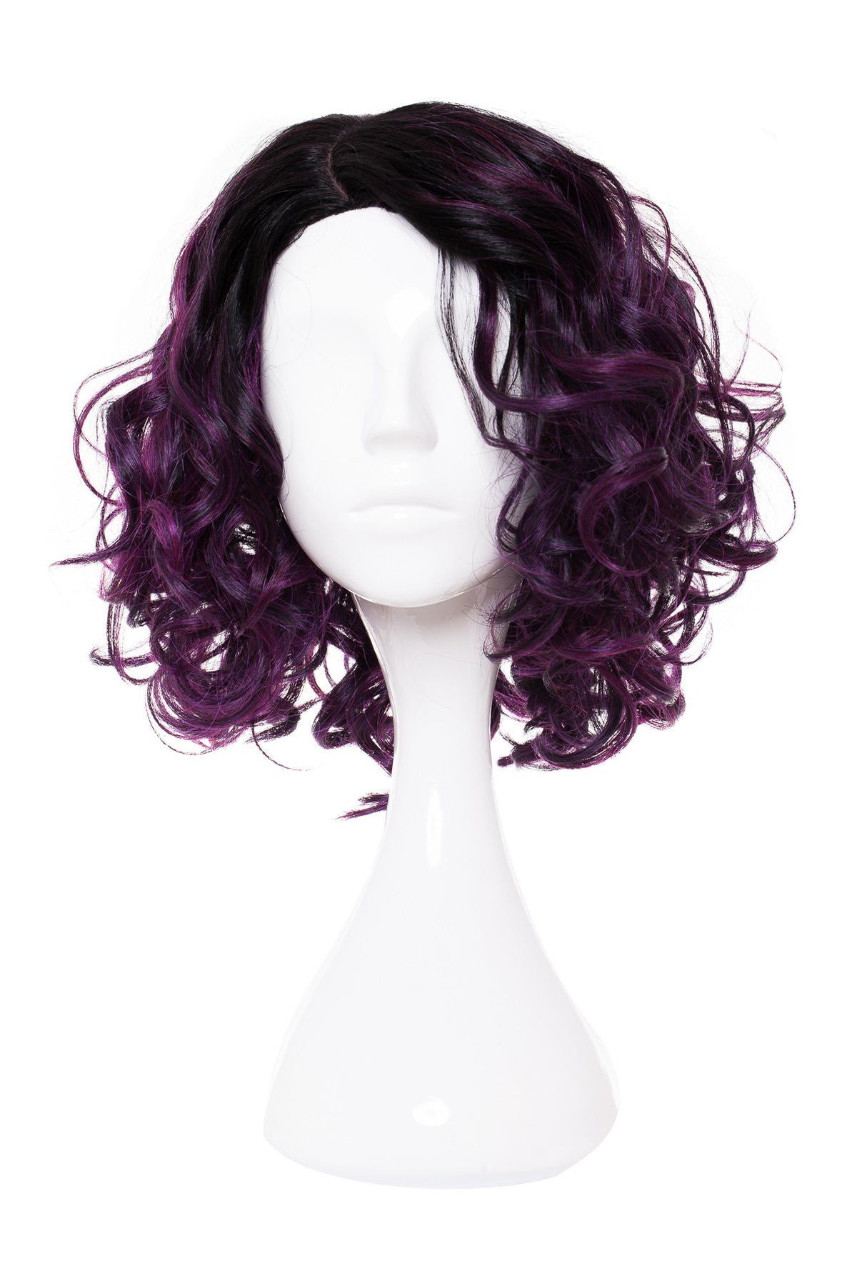 Perucă ondulată cu breton, bază neagră și balayage violet, păr buclat pe manechin