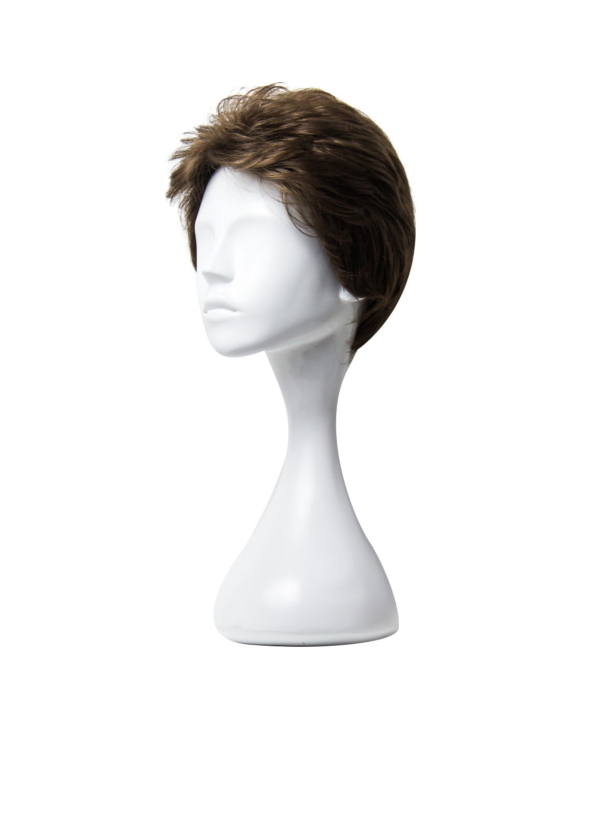 Perucă sintetică maro închis, profil lateral, coafură bob, pe manechin