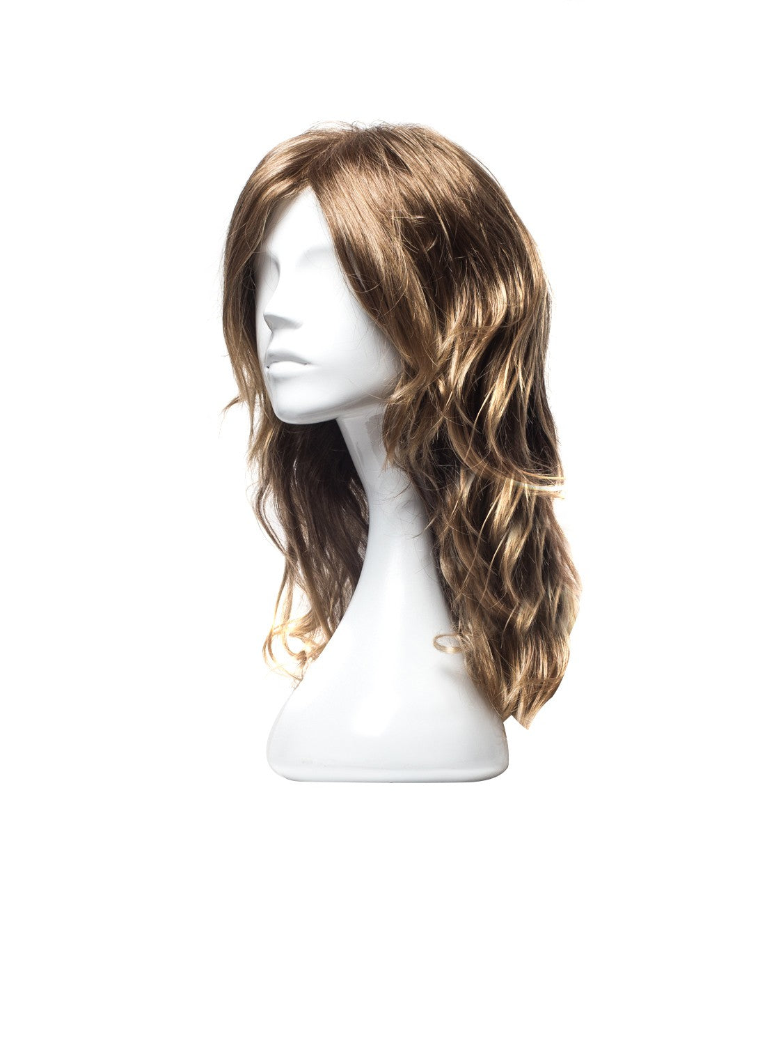 Perucă CATIA cu păr ondulat lung, șuvițe blond închis și bej, vedere laterală