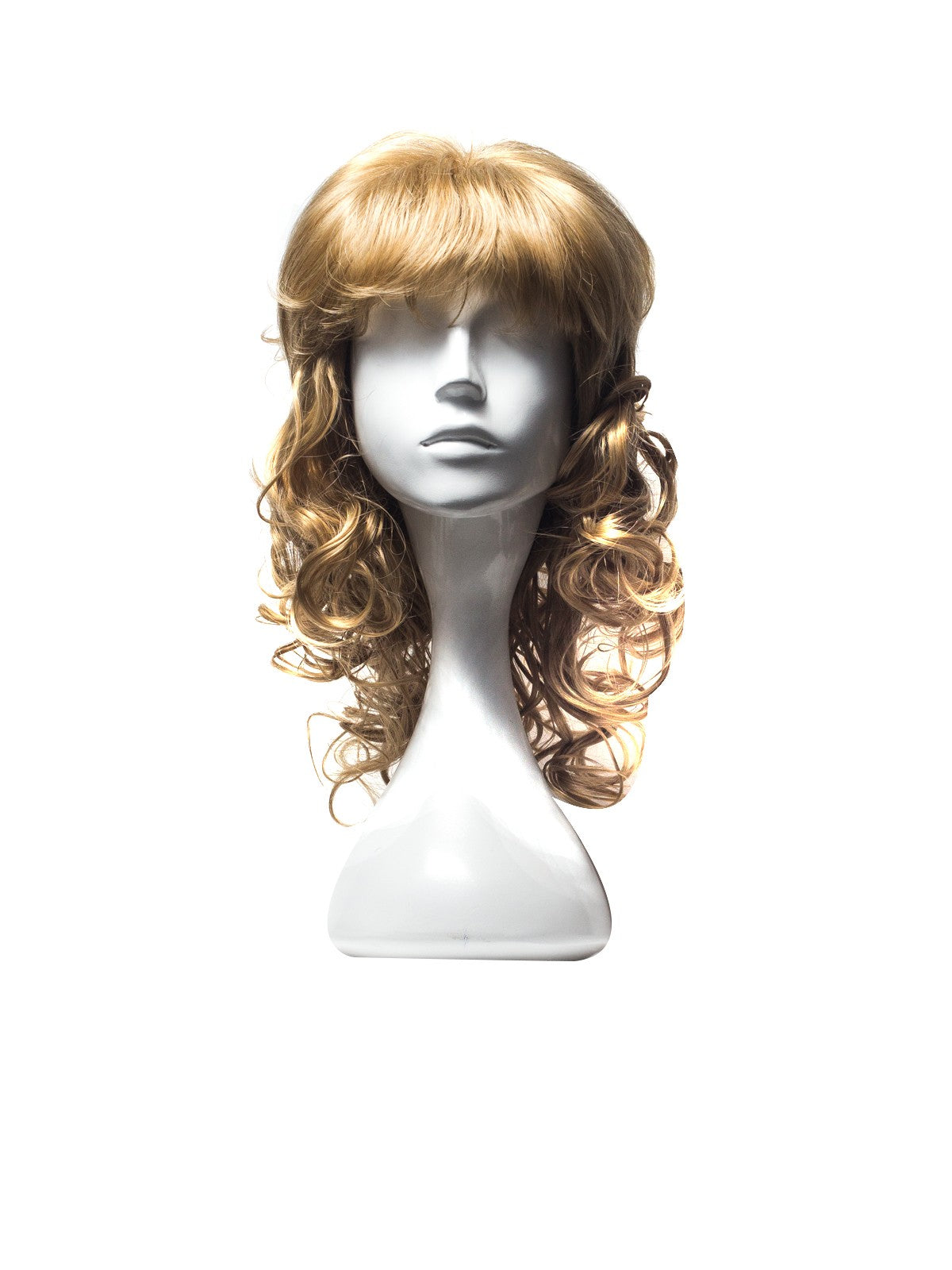 Perucă blond auriu cu bucle, purtată pe manechin, față
