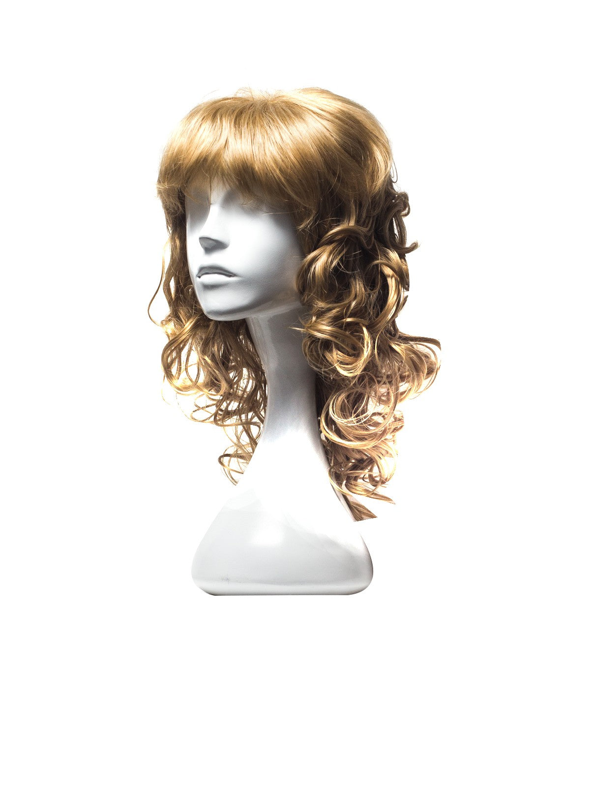 Perucă blond auriu cu bucle, vedere laterală pe manechin
