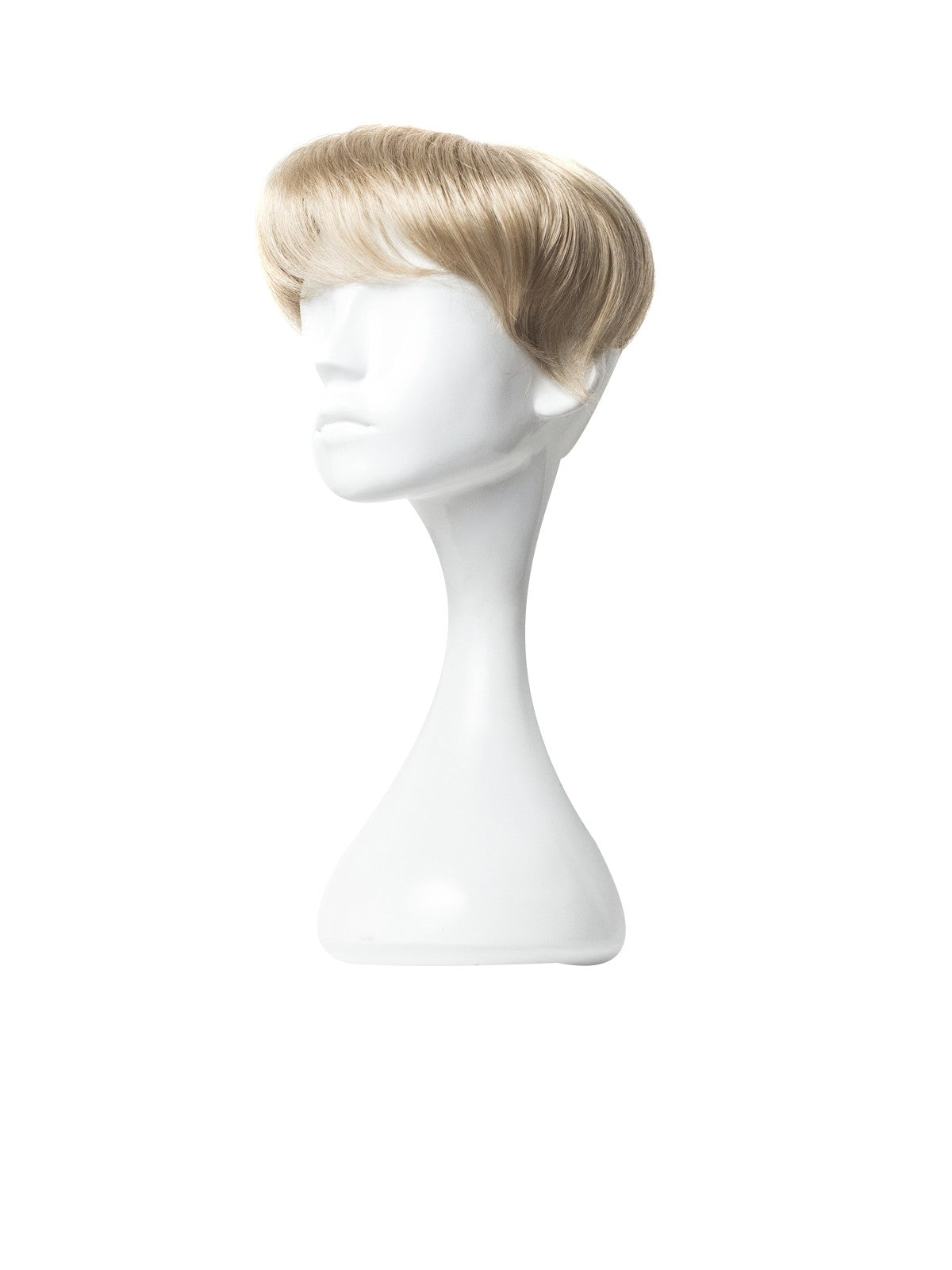 Perucă parțială clip-on blond cenușiu, șuvițe ondulate, vedere laterală pe manechin.