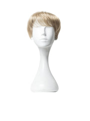 Perucă parțială clip-on blond cenușiu, coafură scurtă cu breton, vedere din față.