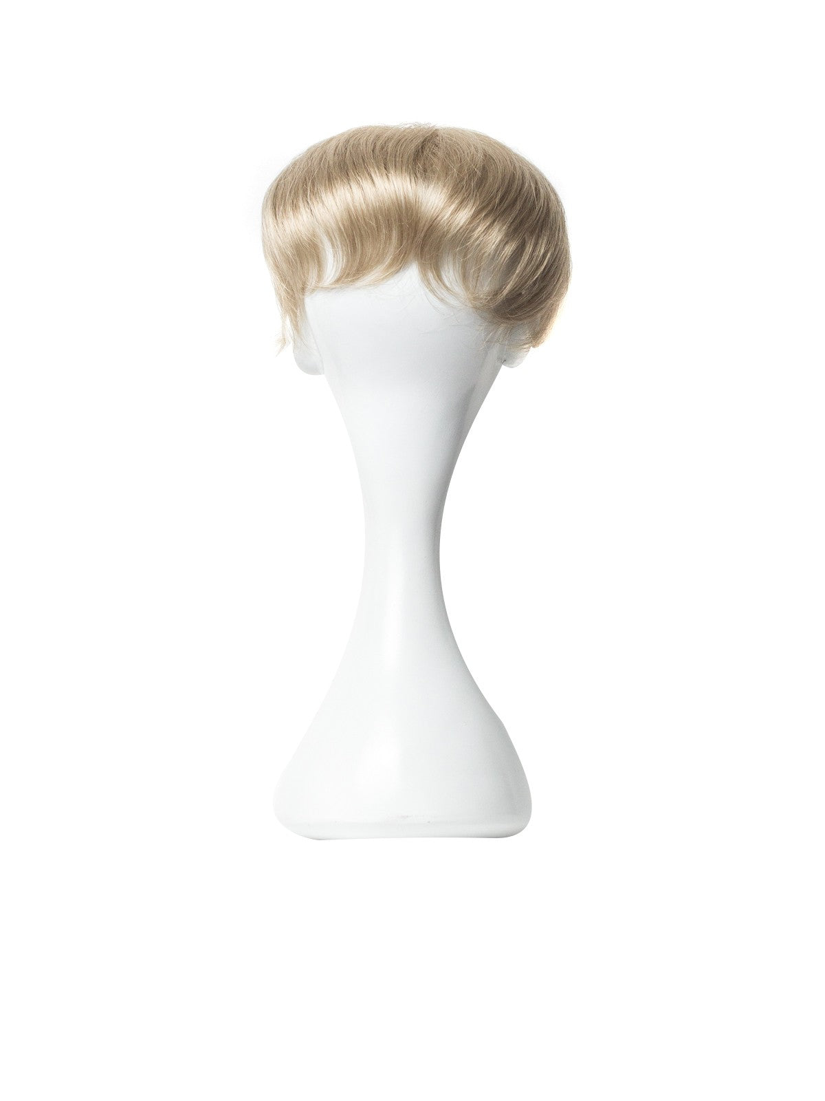 Perucă parțială clip-on blond cenușiu, bucle scurte cu breton, pe cap manechin.