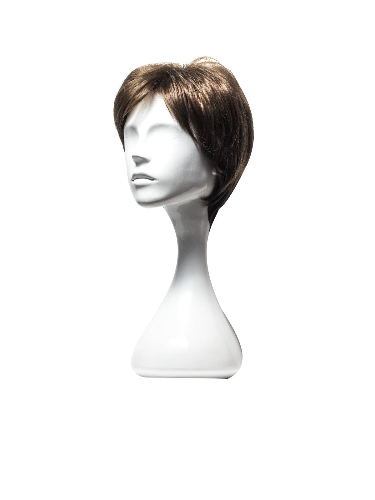 Perucă scurtă, profil lateral, maro închis, cu breton, pe manechin