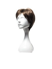 Perucă scurtă, profil lateral, maro închis, cu breton, pe manechin