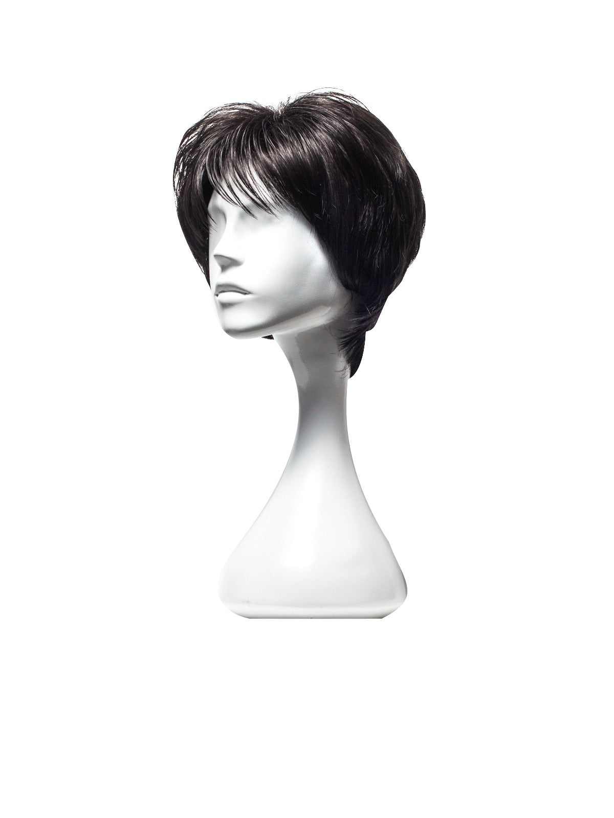 Perucă VANESSA cu păr negru scurt, breton, vedere laterală pe manechin