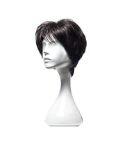 Perucă VANESSA cu păr negru scurt, breton, vedere laterală pe manechin