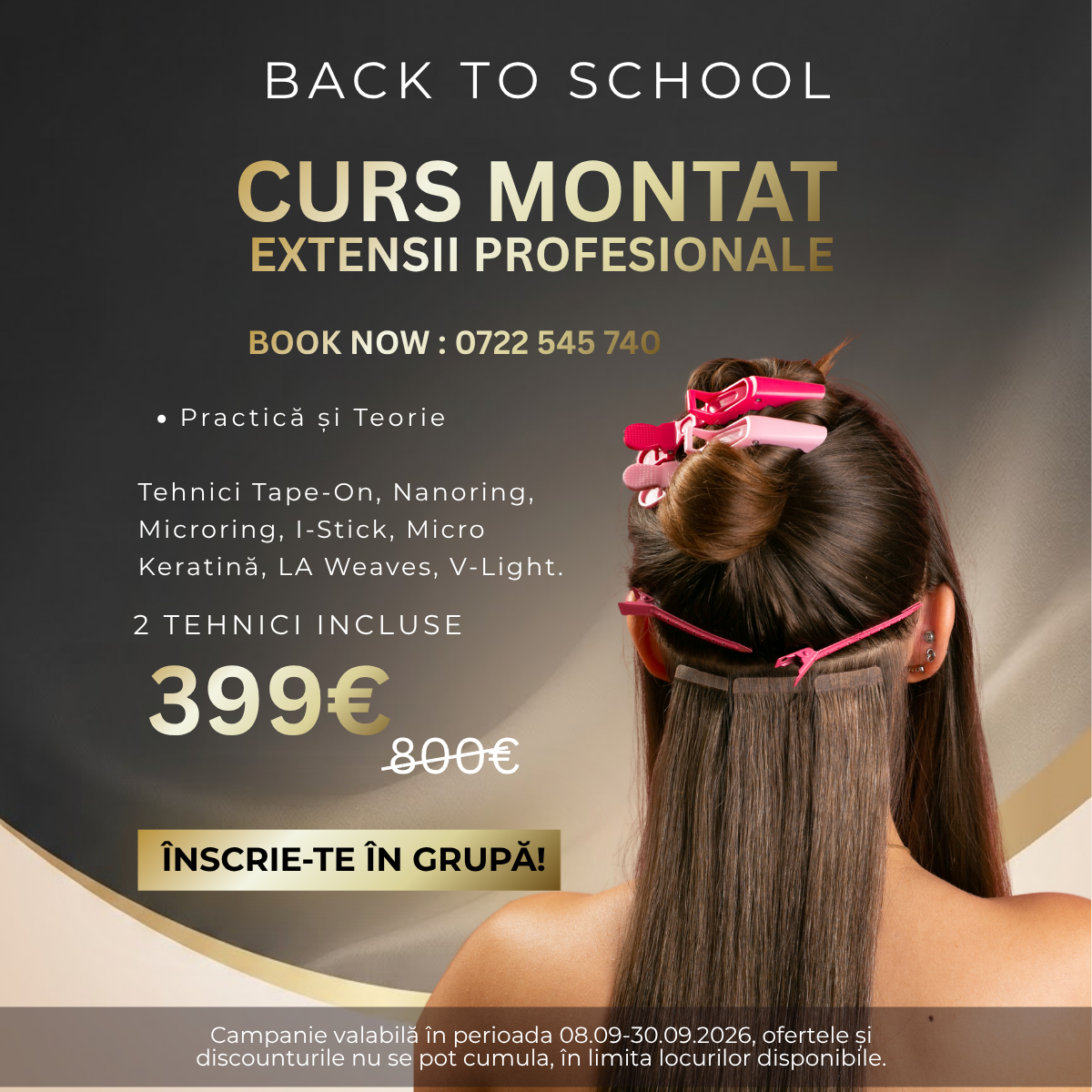 Extensii de păr cu clipsuri roz, purtate pe păr lung brun, vedere din spate