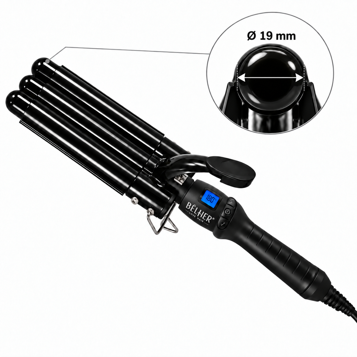 Ondulator triplu valuri cu diametru 19 mm, model negru, cablu și afișaj BELHER