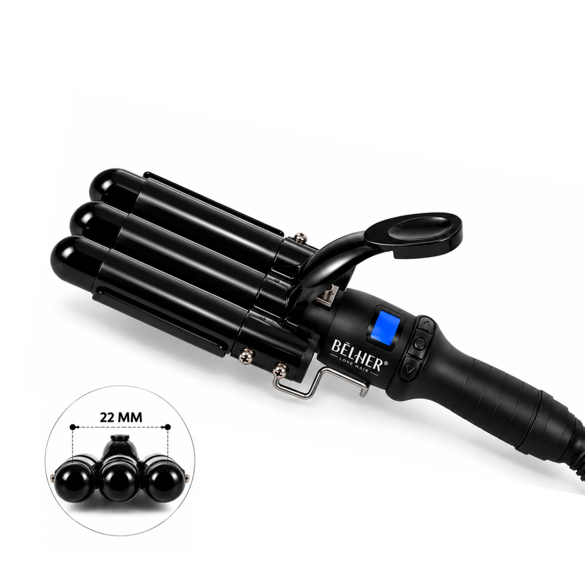 Ondulator triplu cu valuri Belher, 22 mm, dispozitiv de ondulat negru, butoane pe mâner