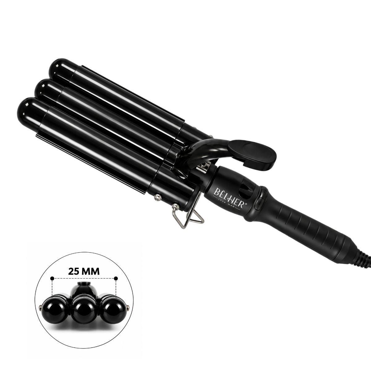 Ondulator cu trei cilindri, 25 mm, negru, mâner ergonomic și clapetă