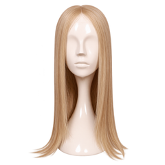Perucă medicală blond vanilie pe manechin, păr neted până la umeri