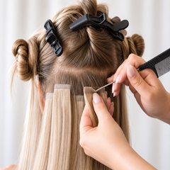 Extensii de păr tape-on aplicate pe păr blond, cu bandă adezivă