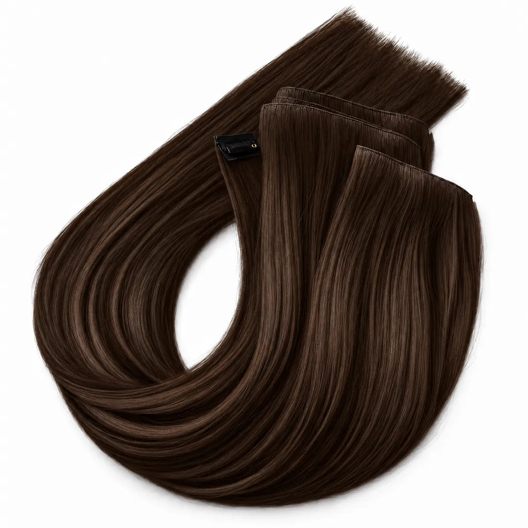 Extensii de păr cu clips, saten închis, șuvițe cu buclă lejeră, bază aliniată