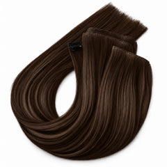 Extensii de păr cu clips, saten închis, șuvițe cu buclă lejeră, bază aliniată