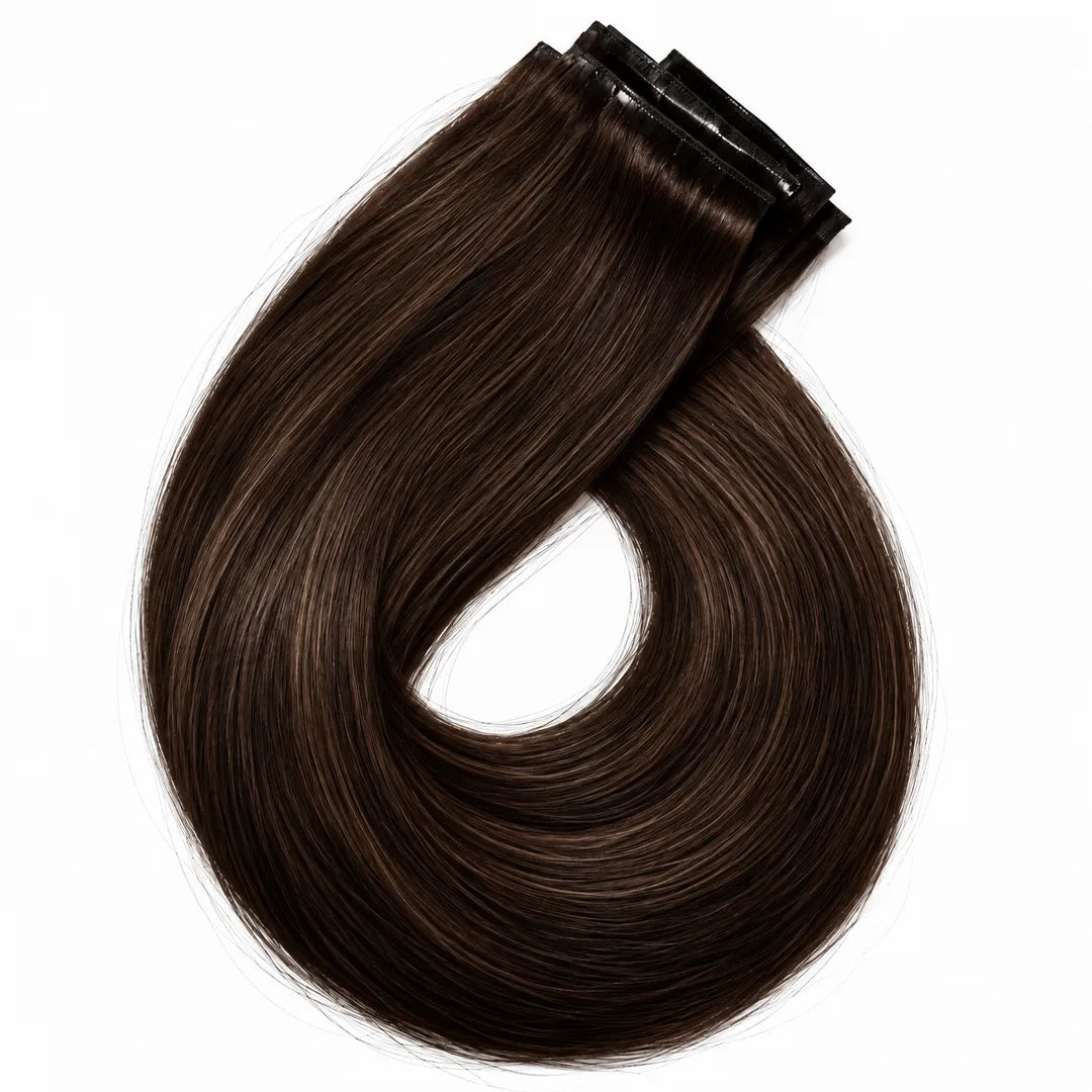 Extensie de păr cu clips, saten închis, șuviță curbată, volum uniform