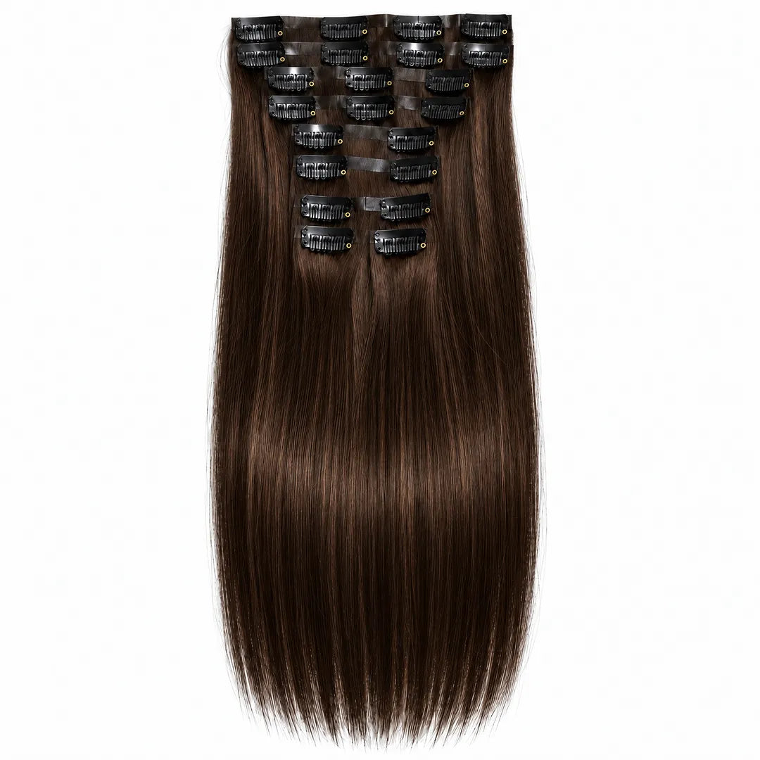 Extensii de păr cu clips, saten închis, șuviță lungă cu textură netedă
