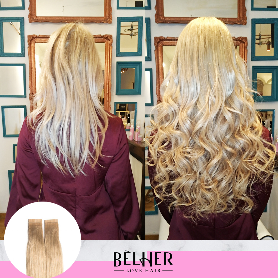 extensii tape on blond cenusiu